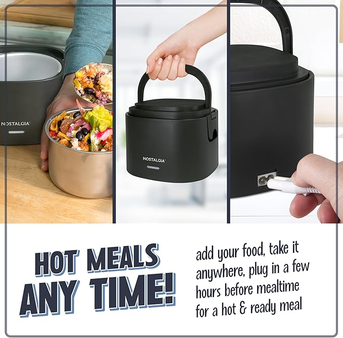 Nostalgia Portable Heated Lunch Box – 2.5-Cup Stainless Steel Food Warmer – Detachable Cord, Leak-Proof Lid, Carry Handle – Portable for Work & Travel – Black Berry