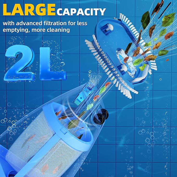 Cordless Pool Vacuum Above & Inground Pools, Powerful 1590 GPH Suction,Handheld Telescopic Pole up to 85.45", 1H Runtime, 2L Debris Bin, Rechargeable Pool Cleaner for Spas & Hot Tubs (Blue&Grey)