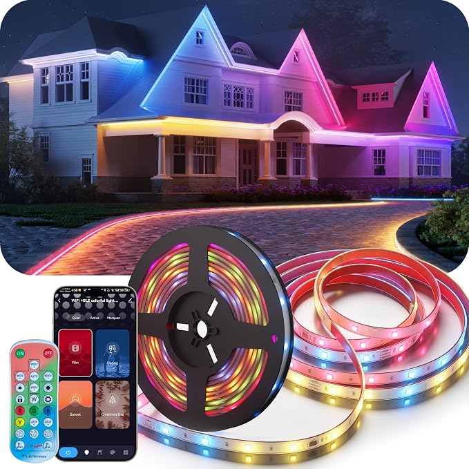 DeckTok 98.4ft Outdoor LED Strip Lights, Smart RGB LED Outdoor Lights with Alexa Google Assistant, App Control, Music Sync, Timer, IP67 Waterproof Light Strip for Balcony, Roof, Patio, Pool Decor