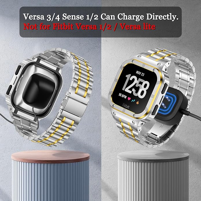 BAITEYOU Stainless Steel Watch Band with Case Compatible for Fitbit Versa/Fitbit Sense Bands, Rugged Protective Bumper Metal Wristbands for Men Women