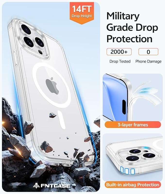 FNTCASE for iPhone 15 Pro Max Case: [Compatible with Magsafe] [Screen Protector] Anti Yellowing Transparent Clear Magnetic Phone Cover - Military Grade Shockproof Drop Proof Protective Cases - Clear
