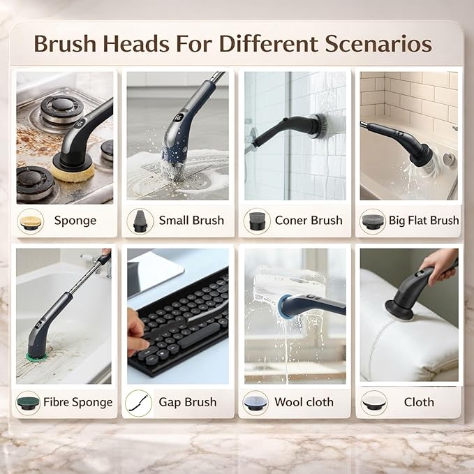 LIVINGPRO Electric Spin Scrubber with LCD Display, Cordless Cleaning Scrubber for Home, Upgraded 70W Dual Speed Motor, IPX7 Waterproof Power Scrubber, 7 Brush Heads, Extendable Long Handle