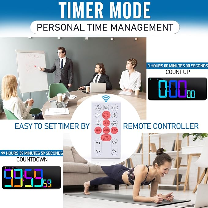 Large 13.7" LED Digital Timer（5''Nunmber）, 11 Color Changing, Count Up/Down Timer with Remote Control, Adjustable Brightness Wall Clock for Home, Office, Gym, Elderly, Auto DST
