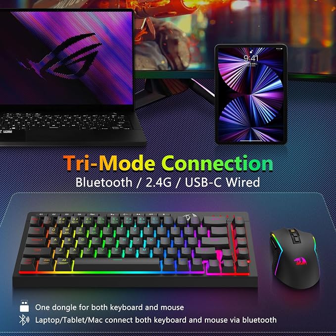 Redragon Wireless Gaming Keyboard and Mouse Combo, Bluetooth/2.4G/USB-C Wired, RGB Backlit, 60% Portable Quiet Rechargeable Macro Membrane Keyboard & 12800 DPI Mouse with Software for Win/MAC