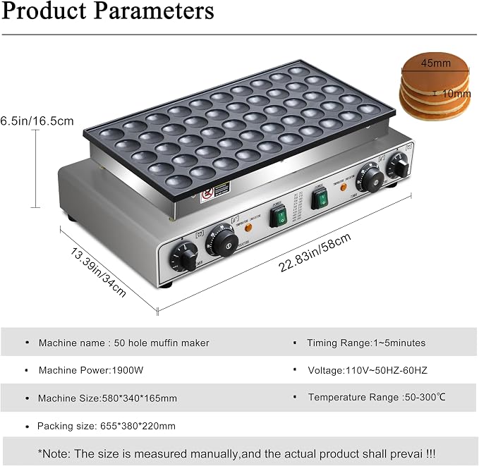 Commercial 50PCS Mini Dutch Pancake Maker 1900W, Adjustable Temp & Timer Control, Non-Stick Teflon Plates Easy to Clean, Durable Stainless Steel Body for Restaurant Catering