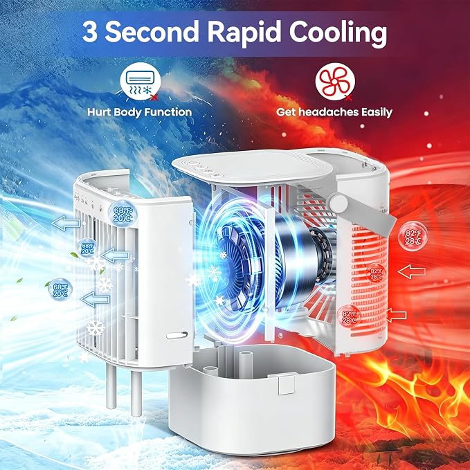 Portable Air Conditioners 4-in-1 Mini Small Air Conditioner Evaporative Air Cooler Fan with 1000ml Water Tank 3 Speeds 7 LED Lights Personal Mini AC with Timer for Bedroom Desktop Home Office (White)