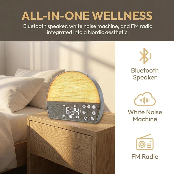 Sunrise Alarm Clock, 30 Soothing Sounds, FM Radio & Bluetooth | Zero Blue-Light Display, Flame-Retardant Build, No App Needed, Gift-Ready Box, Dual Alarms, Touch Panel
