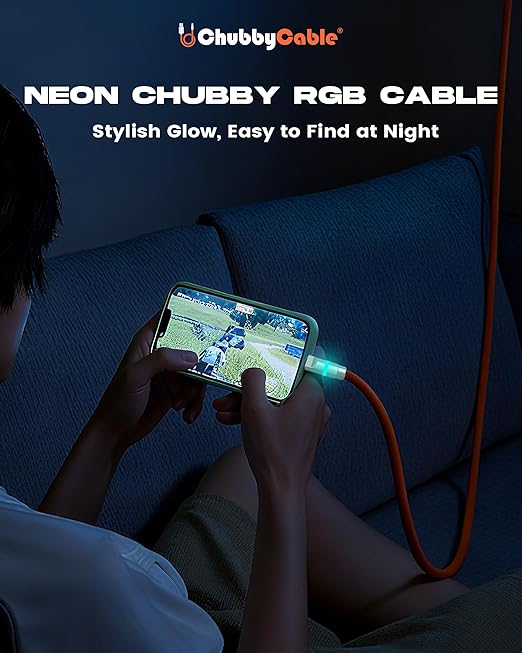 chubbycable Neon Chubby - Fast Charge Cable with Smart Light RGB Color Gradual Light Up 100W Charging Cord LED USB C Cable Compatible with iPhone 17-15 Series, Yellow, USB-A to Type-C, 19.6 FT