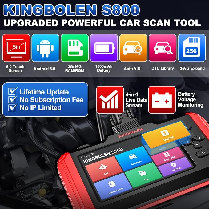 KINGBOLEN OBD2 Scanner S800 Car Scanner, OBD2 Diagnostic Scan Tool with 15 Reset, Oil Brake Throttle Service, Engine ABS SRS Transmission Code Reader, Battery Test, AutoVIN, Lifetime No Charge Update