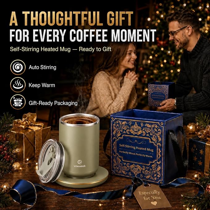 Self Stirring Heated Coffee Mug, 10 oz Auto Magnetic Mixing Cup, SageGreen | 304 stainless steel interior. Includes 3 heat settings, 8H auto shut-off, plug-in base for home office desk