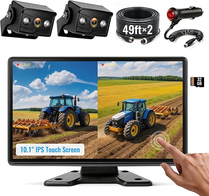 10.1" DVR IPS Touchscreen & 2 AHD Wired Backup Cameras, IP69K Water/Dust Proof Rear Camera, 1080P Quad Split Screen & 20G Vibration-Proof Camera for Hitching, Farm Work, UTV, Tractor, Trailer