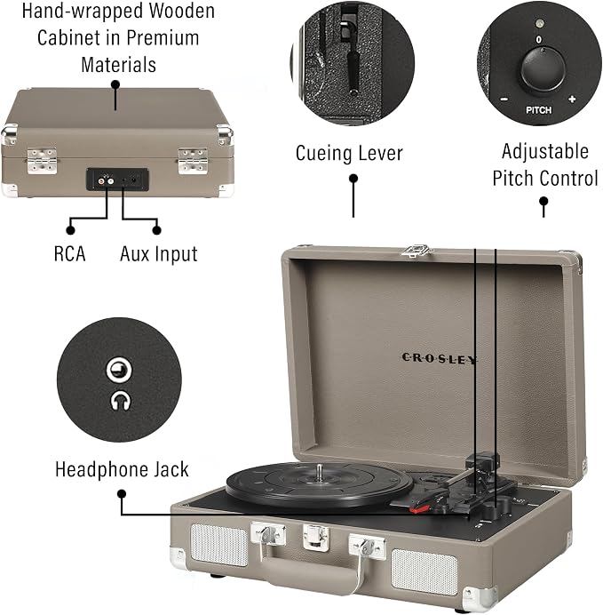 Crosley CR8005F-TE Cruiser Plus Vintage 3-Speed Bluetooth in/Out Suitcase Vinyl Record Player Turntable, Taupe