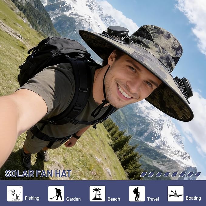 Solar Fan Hat, Wide Brim Sun Hat with 2 Built-in Solar Fans, UPF 50+ Sun Protection Outdoor Fishing Hiking Camping Beach