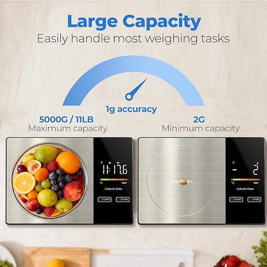 Smart Nutrition Food Scale with App - 1g Precision Digital Kitchen Scale, Tracks Calories & 24 Nutrients, Macros, Fat & Protein for Keto, Fitness & Meal Prep, 11lb/5kg with Tare Function