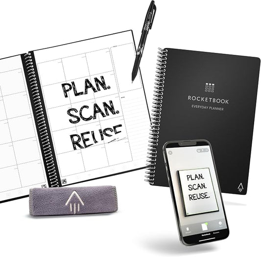 Rocketbook Smart Reusable Everyday Planner, Undated Weekly, Monthly, Annually, For Scheduling, Executive Size, 6x8.8, Black