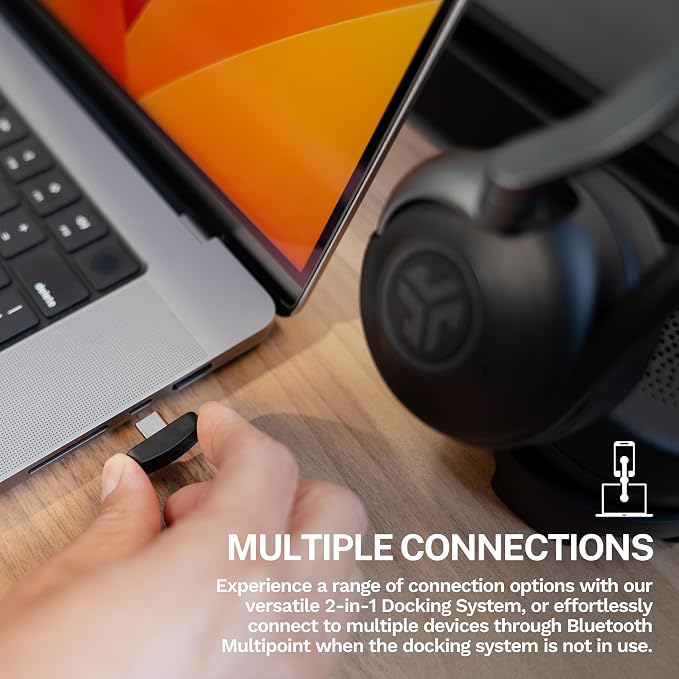 JLab Epic Work ANC Wireless on-Ear Headset with Microphone, smart Noise Cancellation, multipoint Connect, Charging hub, Black