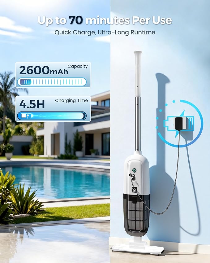 2026 Upgrade Cordless Handheld Pool Vacuum,Pool Vacuum for Above and Inground Pool,Rechargeable Pool Cleaner with Extention Pole,Up to 70-Min Runtime,Ideal for Leaves,Debris,Spas,Hot Tubs,Sky White