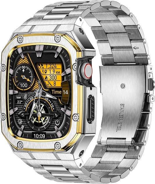 BAITEYOU Stainless Steel Band with Case Compatible with Apple Watch Series SE 3 2 1/6 5 4 (44mm), Series 3 2 1 (42mm), Metal Protective Bumper Rugged Cover for iWatch Bands Men (Silver/Gold)
