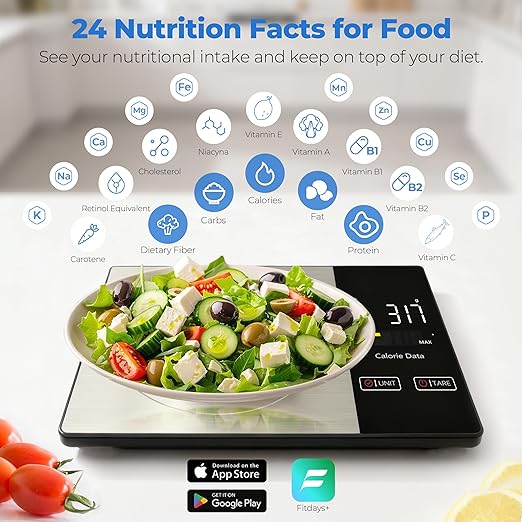 Smart Nutrition Food Scale with App - 1g Precision Digital Kitchen Scale, Tracks Calories & 24 Nutrients, Macros, Fat & Protein for Keto, Fitness & Meal Prep, 11lb/5kg with Tare Function