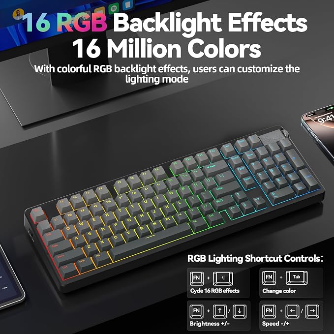 LEOBOG A98 Wireless Mechanical Keyboard, Tri-Mode BT5.0/2.4GHz/USB-C, Creamy Keyboard with Number Pad, Gasket Structure Hot Swappable, PBT Keycaps, RGB Backlit Black Gaming Keyboard with Knob for PC