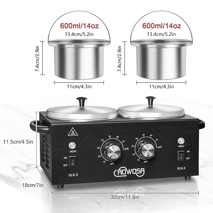 Professional Hair Removal Kit - Wax Warmer Machine with Double Pot, Large Capacity for Spa Salon and Home Use, Non-Stick Easy Clean Pots, 50 Sticks & 20 Collars (Black)