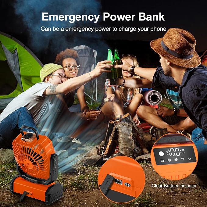 Odoland Portable Misting Fan with Light, 30000mAh Rechargeable Battery Camping Fan with 2 Spray Mister, Outdoors Tent Ventilador with Remote and Hook for Indoor Cooling Hiking Patio, Orange