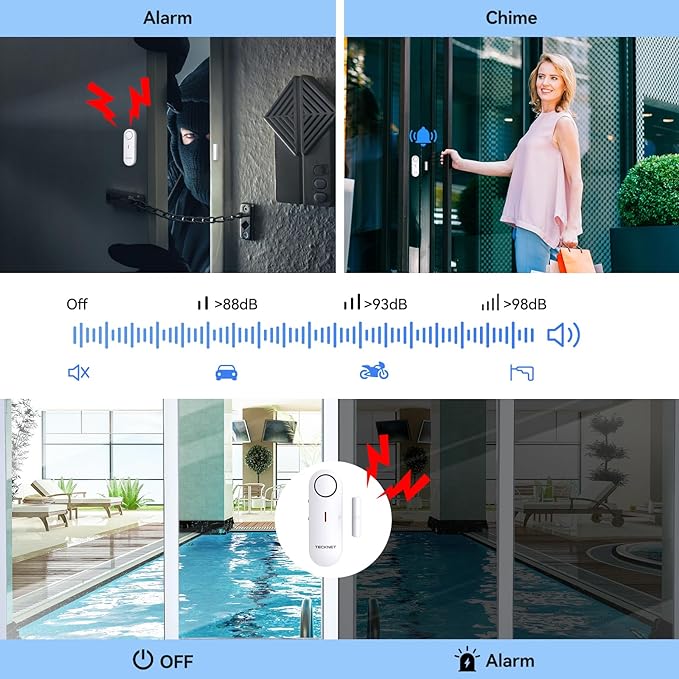 TECKNET Door Alarms for Kids Safety, Window Alarm Pool Alarms Door Alarm for Home Security, 2-in-1 Alarm & Chime, 3-Level Volume Control, Wireless Alarm for House Hotel Cars Sheds Caravans (9 Pack)