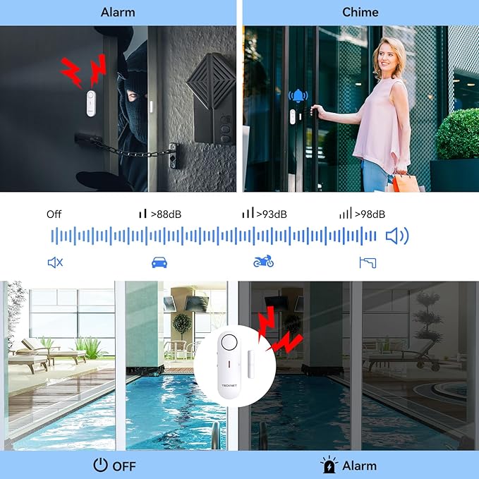 TECKNET Door Alarms for Kids Safety, Window Alarm Pool Alarms Door Alarm for Home Security, 2-in-1 Alarm & Chime, 3-Level Volume Control, Wireless Alarm for House Hotel Cars Sheds Caravans (3 Pack)