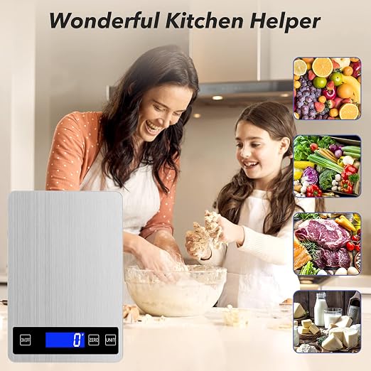 33lb Food Kitchen Digital Scale,1g/0.05oz Precise Graduation, USB Charging Kitchen Scale, Waterproof Stainless Steel with LCD Display, Ounces and Grams for Weight Loss, Cooking, Baking (Silvery)