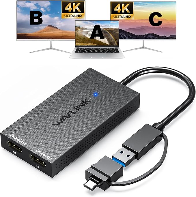 WAVLINK USB 3.0 & USB C to Dual HDMI Adapter 4K@60Hz for 2 Monitors, DisplayLink USB C HDMI Adapter for Dual Monitor, for Mac M1-M5/Neo, Windows, ChromeOS, Ubuntu