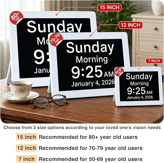 Robin Clock 2026 with Day and Date for Elderly, Clocks for Seniors, Dementia Clock, Digital Calendar Elderly, Bedside Clocks Seniors, Alzheimers Products, Dementia Clocks Large, White