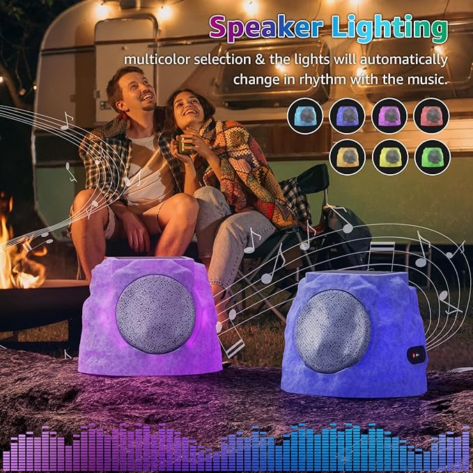 Rock Speakers Outdoor Water-Resistant IP44, Multi-Sync Up to 100 Speakers, Solar-Powered Rock Speaker with Light for Patio Garden Party Pool Deck Yard Outside