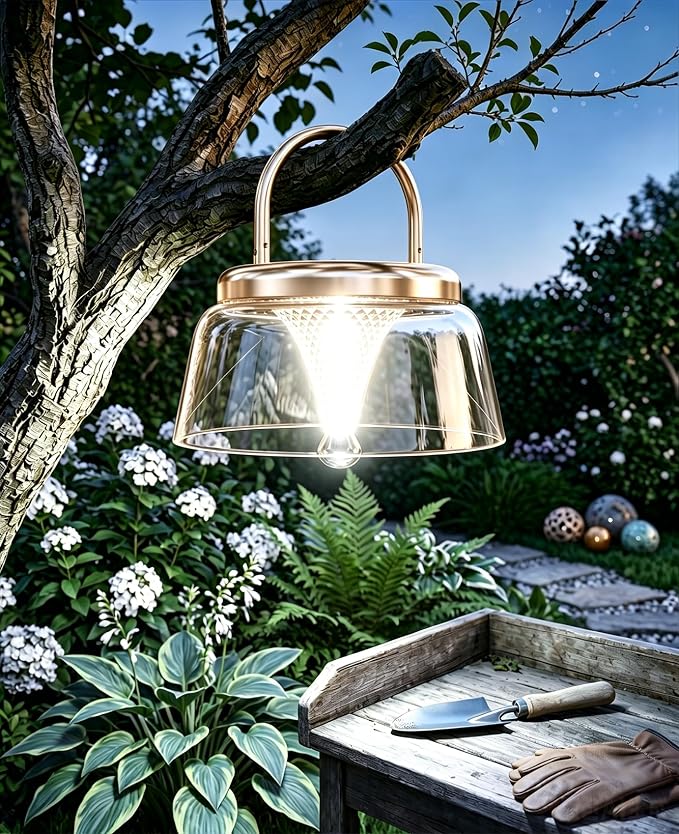Solar Camping Lantern, 360°COB LED Camping Light Rechargeable with Solar&Type-C, IP65 Waterproof Tent Lights with Hook&Tripod Base, Bright Outdoor Hanging Lamp for Fishing, Power Outage(Gold)