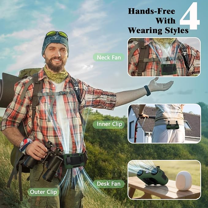 20000mAh Portable Waist Fan, Personal Fan Clip on with 5 Speeds & 40H Cooling, 20000RPM Wearable Shirt Belt Hands-Free Neck Fan for Outdoor Hiking Travel Jobsite Worker (Green)