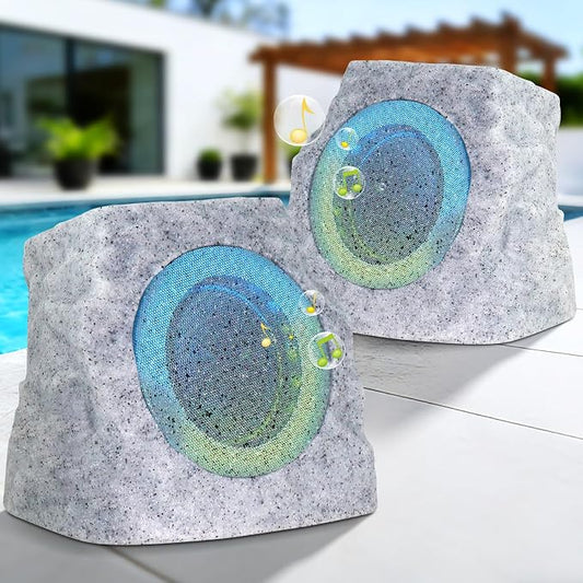 MIKK 2 Pack Solar Rock Speakers Outdoor Waterproof Patio with Lights Color,Multi-Sync Up to 100 Speakers Pairing Solar Powered Rock Speaker Rechargeable for Pool Party Yard Outside