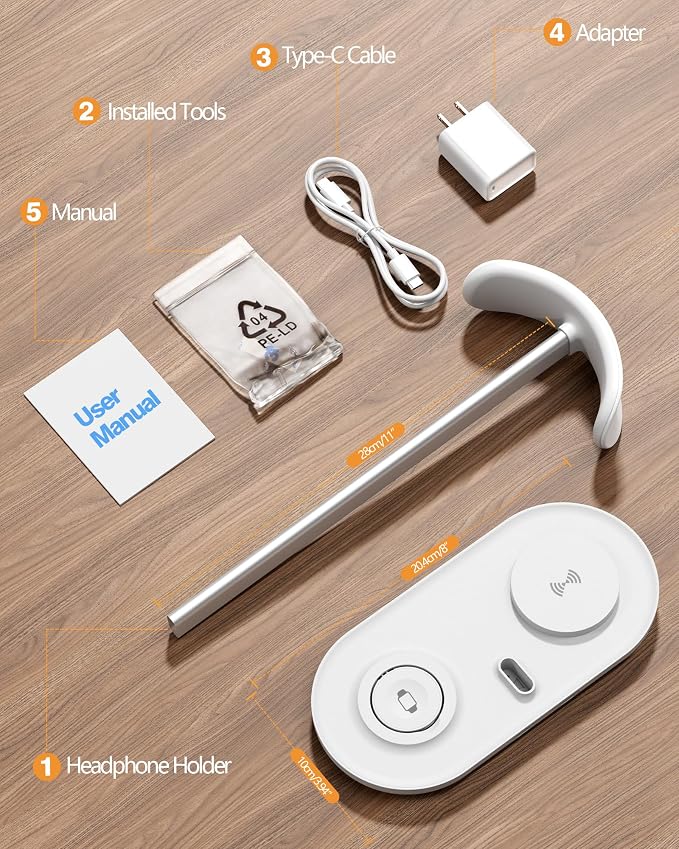 HiWe Headphone Stand, 2-in-1 Wireless Charger for iPhone/Apple Watch, Aluminum Alloy Rod, Minimalist Desk Organizer, White