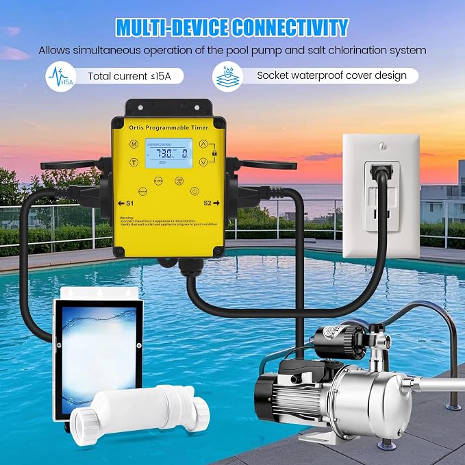 Ortis Above Ground Smart Pool Timer, Dual Waterproof Outlets for Pump & Salt System, Countdown & 24H Auto Cycle Modes, LCD Display, Outdoor Heavy-Duty Timer for Filters & Pumps