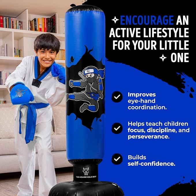 THB Punching Bag for Kids - Inflatable Punching Bag with Boxing Gloves for Kids Age 3-8, 63” Ninja Boxing Bag with Electric Air Pump to Practice Taekwondo, Karate, MMA, Bouncing Back