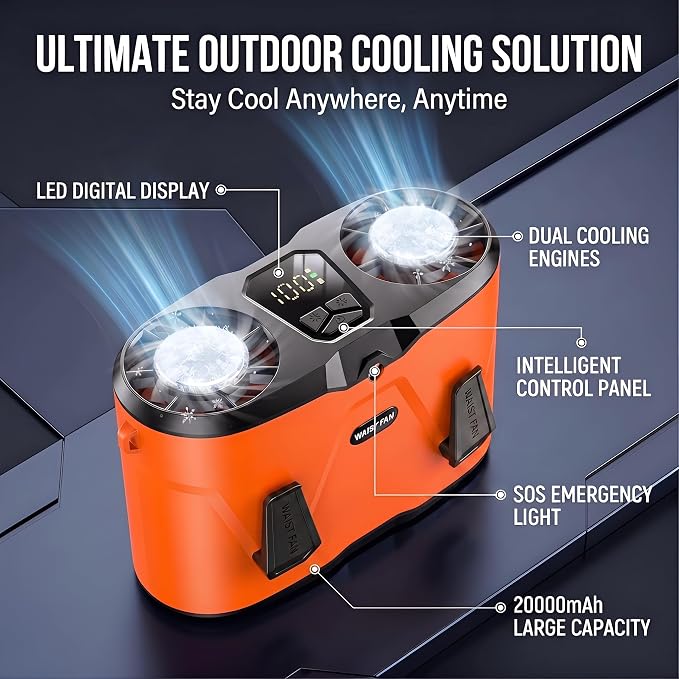 20000mAh Wearable Waist Fan, USB Rechargeable Personal Fan with 10 Wind Speeds, Dual Motors Portable Clip On Fan, Hands Free Cooling Fan for Outdoor Working Camping Travel (Orange)
