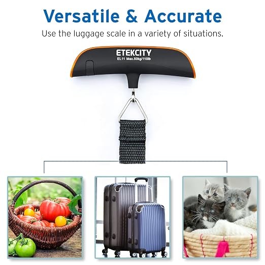 Etekcity Luggage Scale, Travel Essentials, Digital Weight Scales for Travel Accessories, Portable Handheld Scale with Temperature Sensor, Rubber Paint, 110 Pounds, Battery Included,Orange