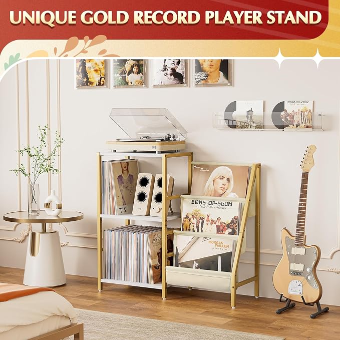 Record Player Stand, Turntable Stand with 3-Tier Vinyl Record Storage, Record Player Table 200 Albums, End Table with Vinyl Display Holder Shelf, Record Player Cabinet Media Console for Stereo,Gold