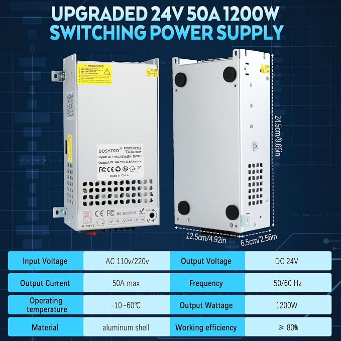Upgraded Output Port 24V 50A 1200W DC Switching Power Supply, Universal Transformers PSU AC110V/220V (SMPS), 24 Volt Power Supply for 3D Printer, CCTV, DC Motor(Without Power Cord)