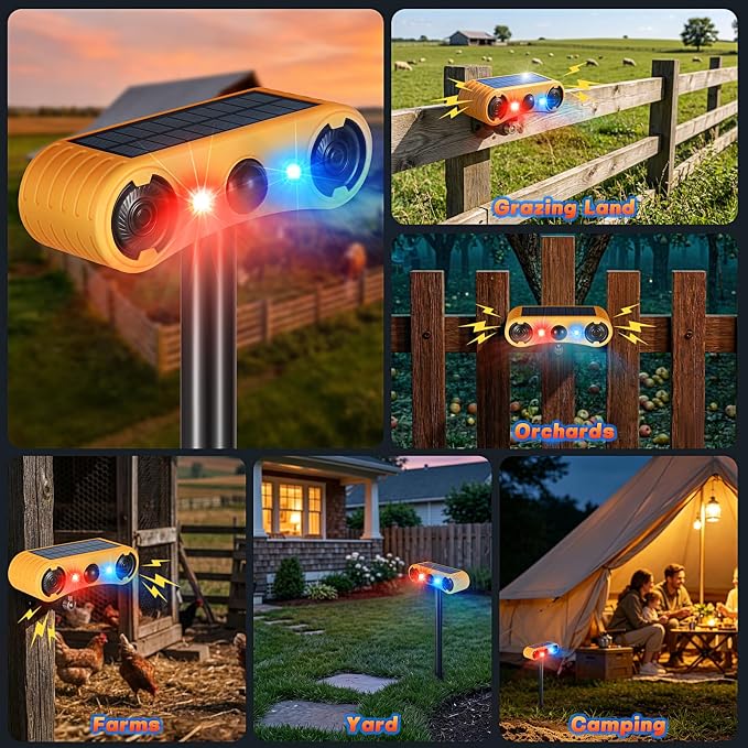 Solar Motion Sensor Alarm Outdoor, Red & Blue LED Strobe Light with 130dB Dual Speakers, 13 Loud Sounds Dog Barking & Siren, Continuous Loop Playback, 4 Working Modes for Home, Villa, Farm, Barn