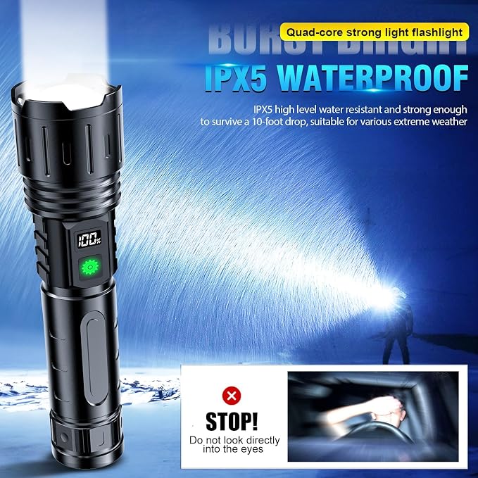 Hoxida Flashlights 2000 High Lumens Rechargeable - 1500 Meters Long Beam Super Bright LED Flash Light with Power Display & IPX5 Waterproof for Camping, 20H Runtime,5 Modes,Zoomable with Belt Holsters