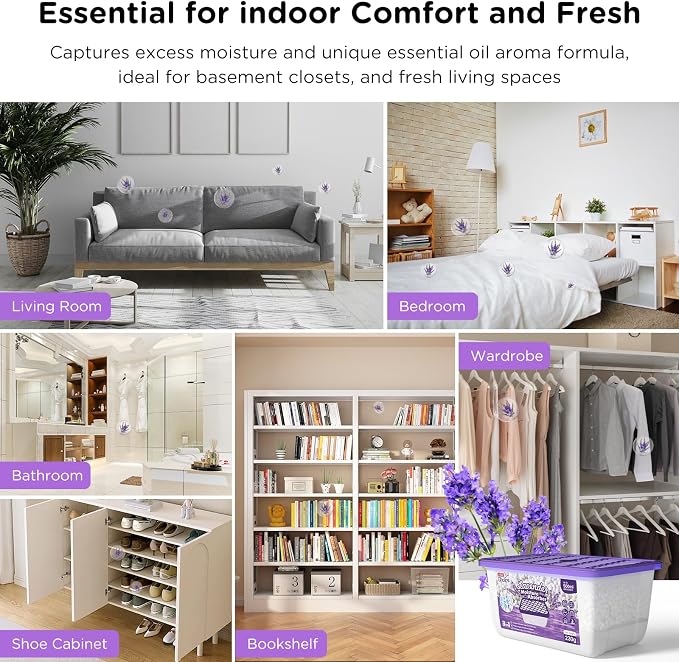W&E Choice Moisture Absorber, Lavender Scented Dehumidifier for Home, Portable Humidity Absorber Boxes for Your Bathroom, Closet & Car, Bulk Humidity Pack for Home 12 Pack