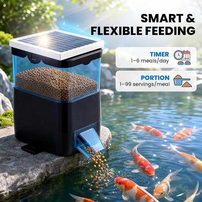 NEWTRY Automatic Pond Fish Feeder, 2.8L Solar Powered Auto Fish Feeder for Pond, Battery & AC Power, Programmable Auto Timer Automatic Dispenser for Vacation, Indoor & Outdoor