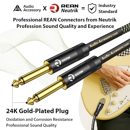AA AUDIO ACCESSORY Pro Series Guitar Cable 6 ft, Gold-Plated Neutrik REAN Connector, 18 AWG 99.99% OFC, Low Capacitance Straight to Straight 1/4 Inch Instrument Cable for Fender Ernie Ball Mogami