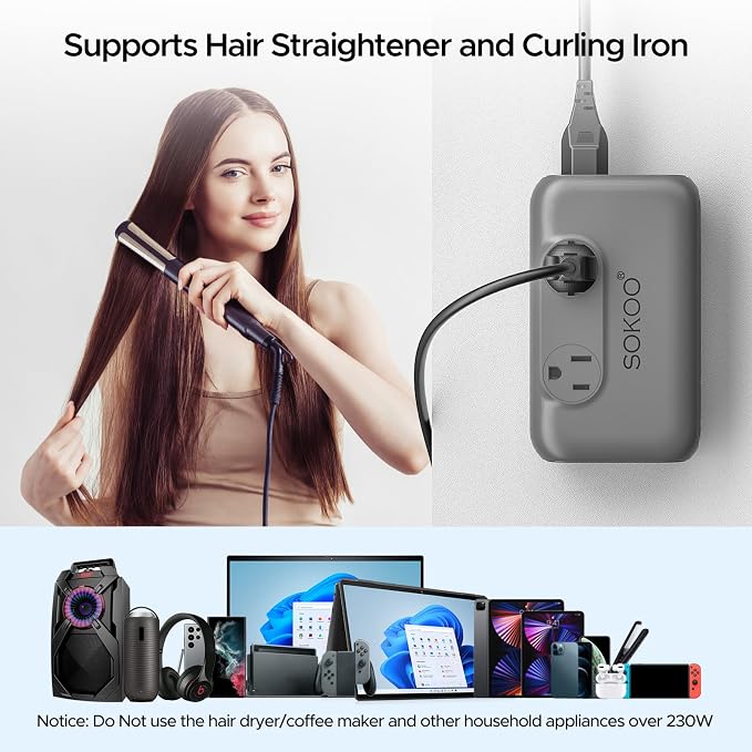 SOKOO 220v to 110v Voltage Converter, International Universal Travel Adapter, 4 USB Ports (1 USB C) Step Down Power Converter Adapter Combo with UK/AU/US/EU Plug Adapter