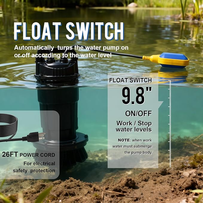 1.0HP Submersible Sump Pump, Automatic Water Pump w/ 4200 GPH High Flow, 18ft Max Head, for Dirty Water Removal, Flooded Basement, Swimming Pool Cover, Hot Tubs, Aluminum (1HP/28FT)