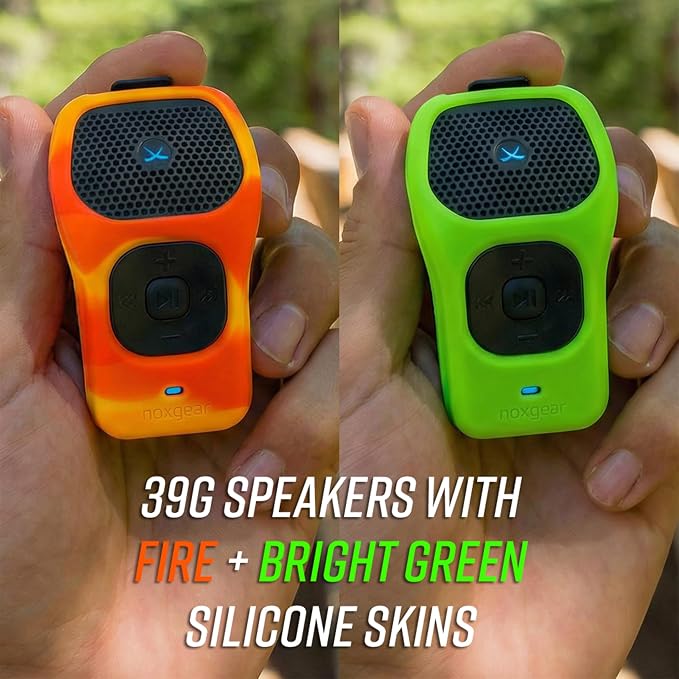 noxgear 39g Wearable Bluetooth Speaker, Magnetic Mini Clip-On EDC Gear, Waterproof Up to 15 Hours Playtime | Clip On Speaker, Wearable Speaker with Microphone, 100ft Range (Color: Fire + Green)